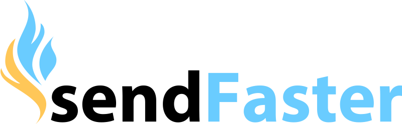 SendFaster Logo - Sans-serif blue and black type with yellow and blue flame on left